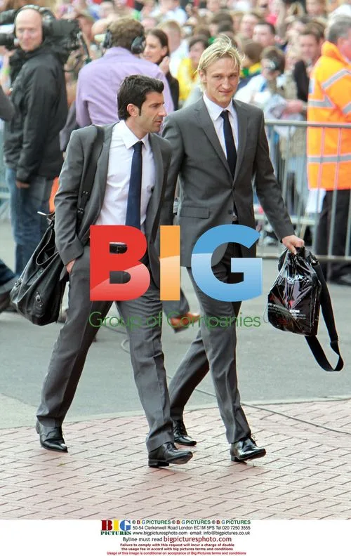 Figo and Hypia arrive for UNICEF Soccer Aid