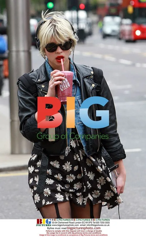 Pixie Geldof Drinking Smoothie in Goth Outfit