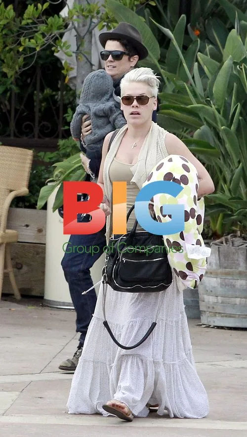 Singer Pink and family leaving LA restaurant