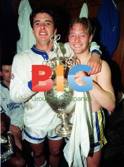 Gary Speed with David Batty Celebrating 1992 Trophy