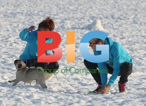 Amy Childs and cousin play in the snow with pug