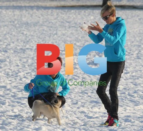Amy Childs and Harry Derbidge play in snow with pug