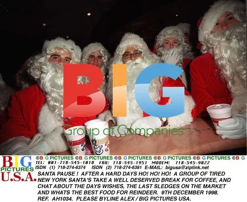Tired New York Santas Take Coffee Break
