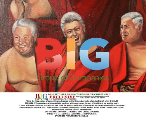 Photorealistic painting satirizing political morality