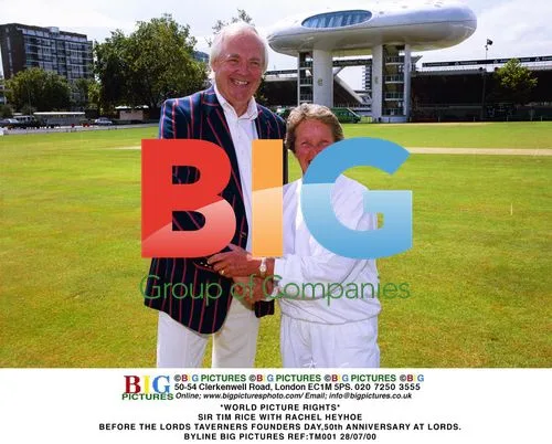 SIR TIM RICE WITH RACHEL HEYHOE AT LORDS TAVERNERS EVENT