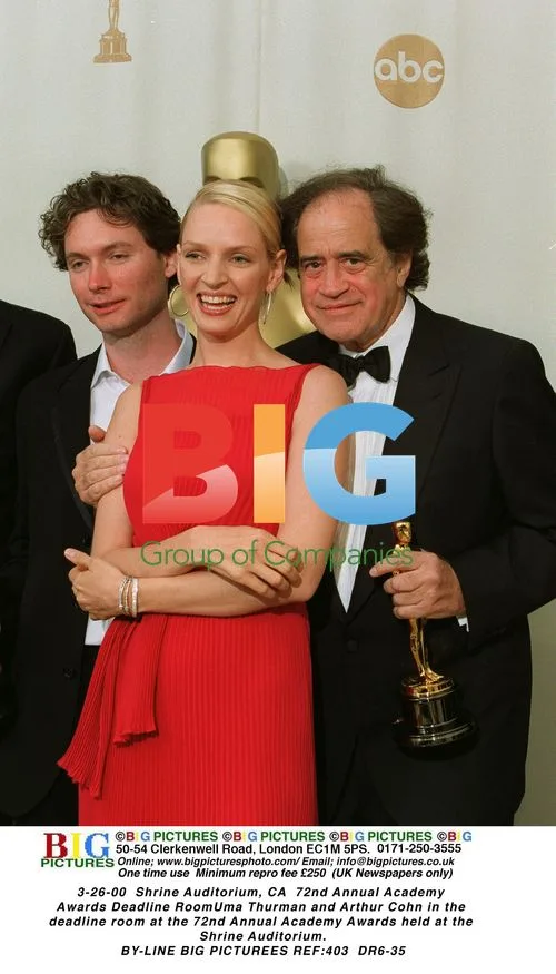 Uma Thurman and Arthur Cohn at 72nd Oscars Deadline Room