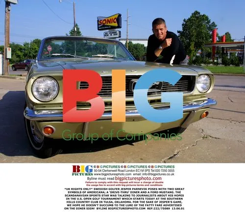 Jesper Parnevik Poses with Mustang and Diner