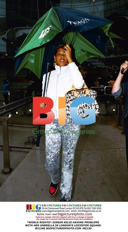 Kelis Struggles with Umbrella in London