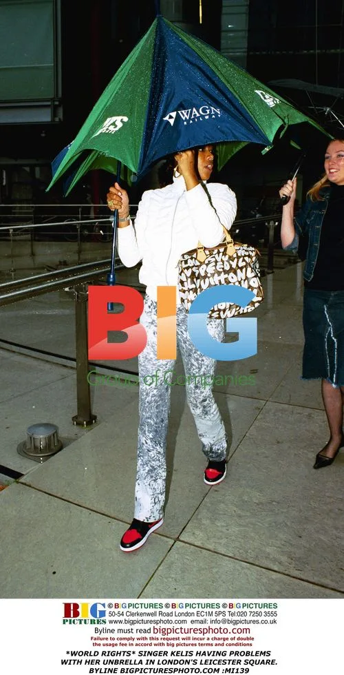 Singer Kelis Struggles with Umbrella in London
