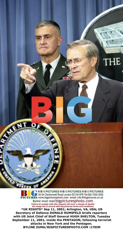 Rumsfeld and Shelton brief reporters after 9/11 attack
