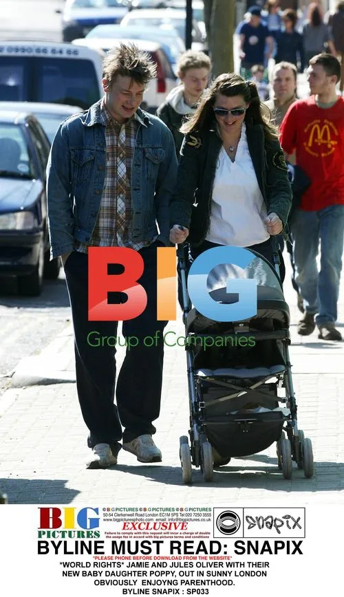 Jamie and Jules Oliver with baby Poppy in London