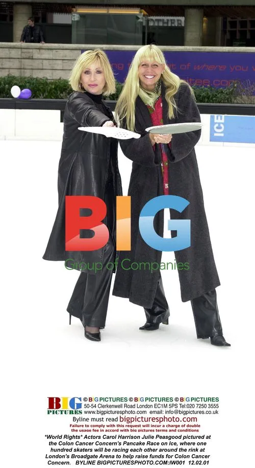 Actors Carol Harrison and Julie Peasgood at Colon Cancer Concern Pancake Race