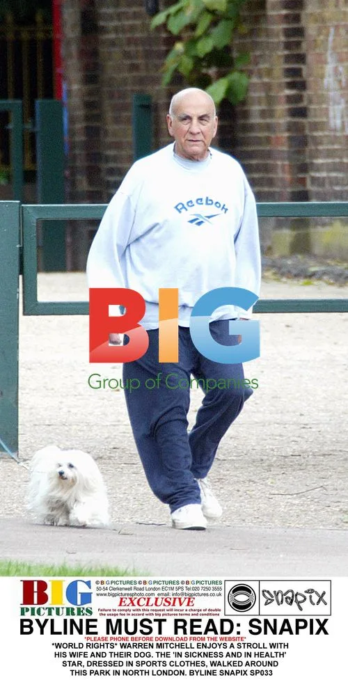 Warren Mitchell takes a stroll with wife and dog
