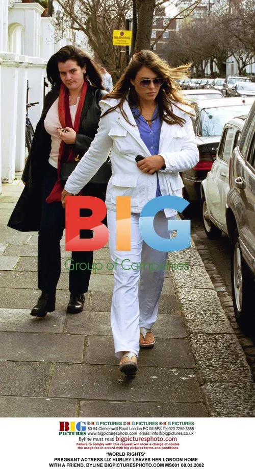Pregnant Liz Hurley leaves London home