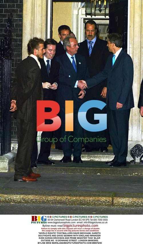 Footballers Beckham, Southgate and Seaman with Erickson and Blair