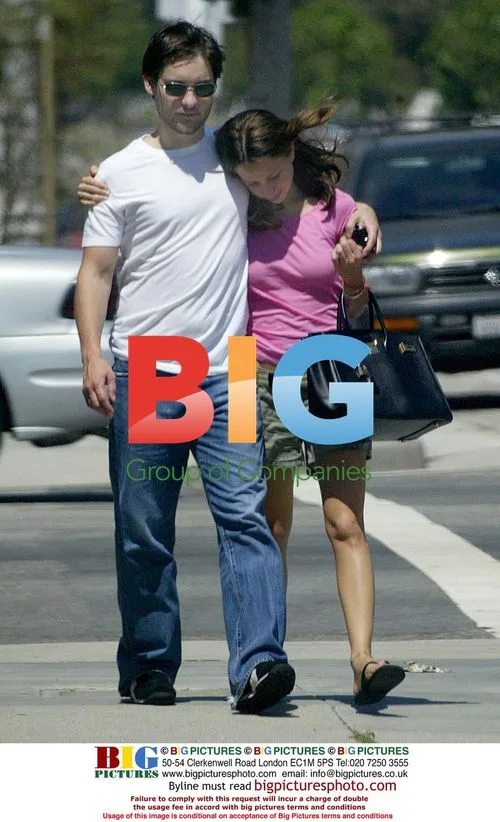 Toby Maguire and Jen Meyer walk in Santa Monica