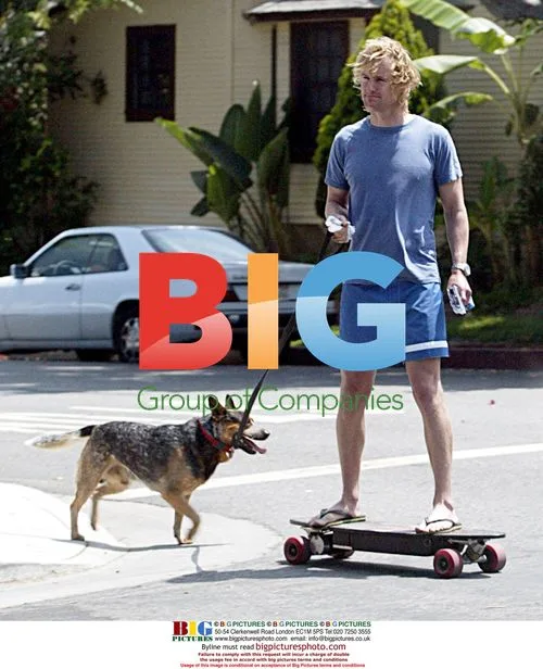 Owen Wilson walking dog on motorized skateboard