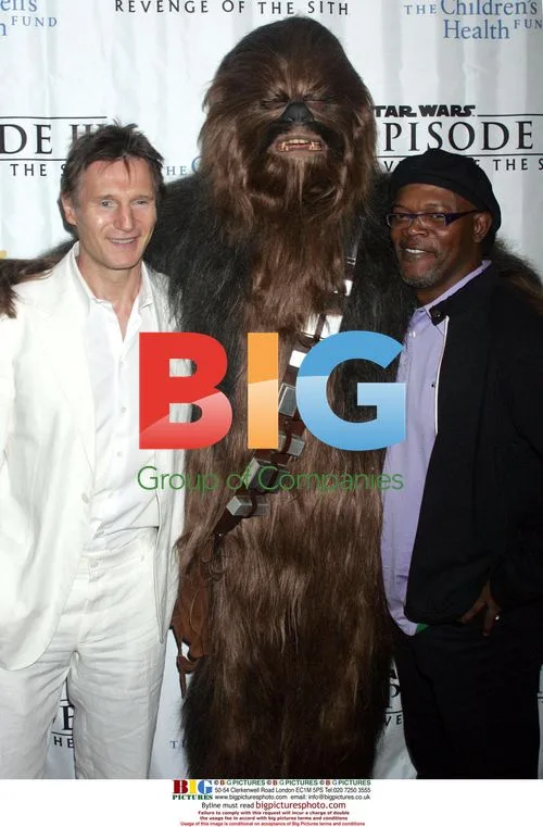 Liam Neeson, Chewbacca, and Samuel L. Jackson at 'Star Wars' Premiere