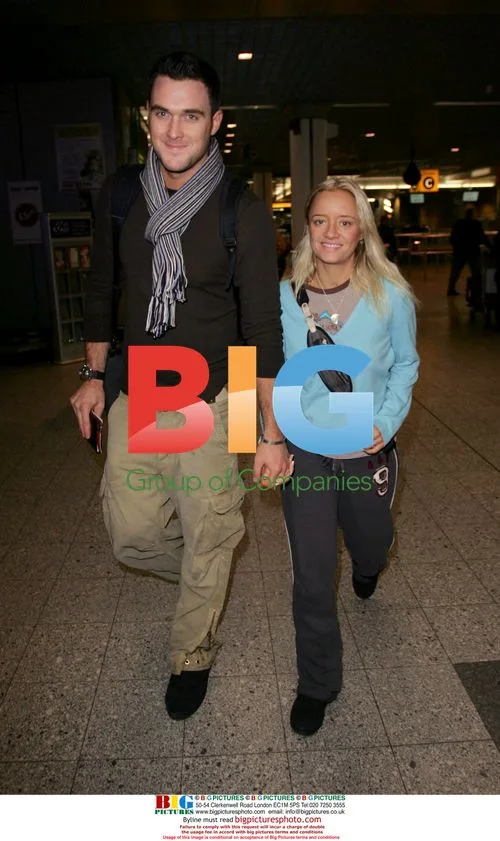 Newlyweds Lucy Davis and Owain Yeoman at Heathrow