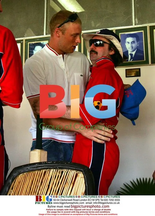 Andrew Flintoff hugs Jack Russell at Sport Relief cricket match