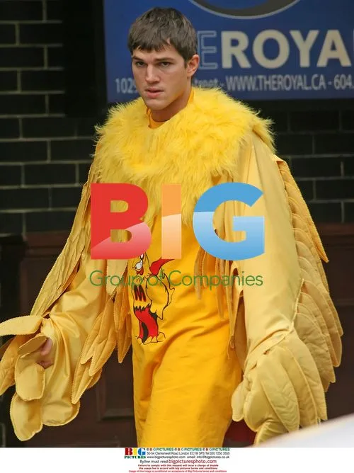 Ashton Kutcher in chicken costume on Personal Effects set