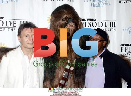 Liam Neeson, Chewbacca and Samuel L. Jackson at Star Wars Premiere